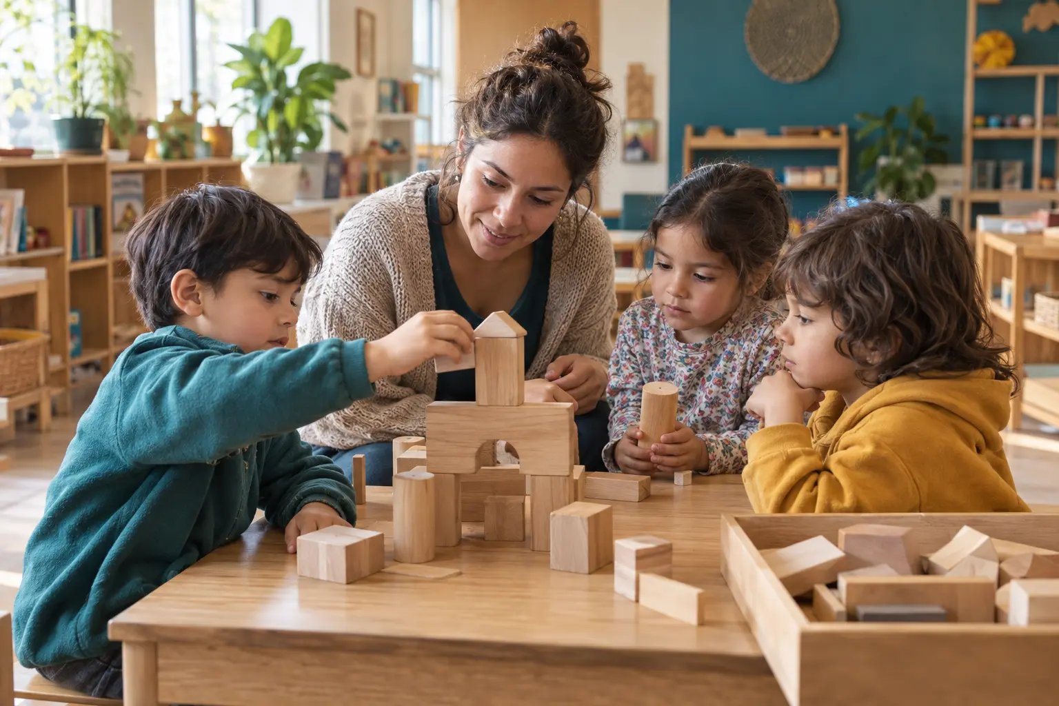 Escena ilustrativa de una educadora acompañando a niños en una actividad de construcción